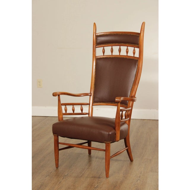 High Quality American Made Solid Maple High Back Armchair With Custom Leather Upholstery, Unsigned