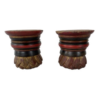 Pair of Antique Asian Capitals With Lotus Flower Design, Polychrome, Gilding For Sale