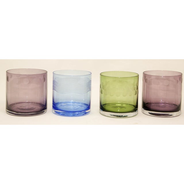 Art Deco Set of Four Vintage Drinking Colored Crystal Glasses With Etched Design For Sale - Image 3 of 13