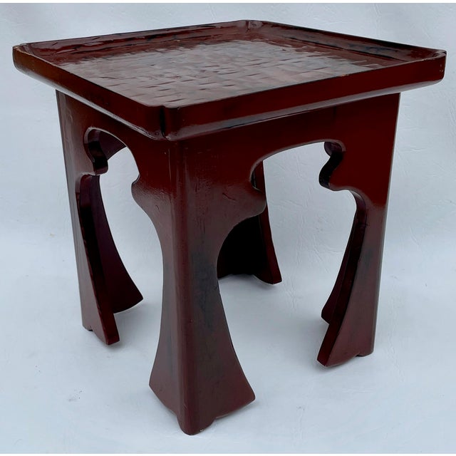 Asian Antique Hand Carved Asian Oxblood Lacquer Low Side or Drink Table - For Sale - Image 3 of 8