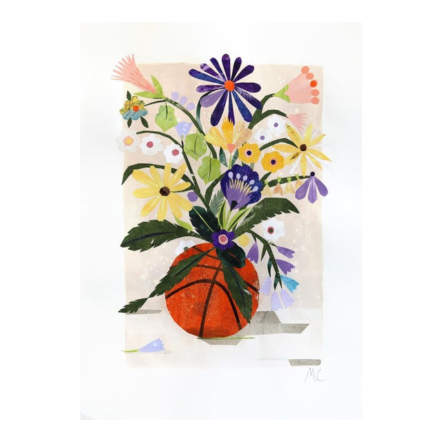 Hoops and Blooms, Lakers - Original Basketball Floral Still Life Mixed Media Collage on Paper For Sale