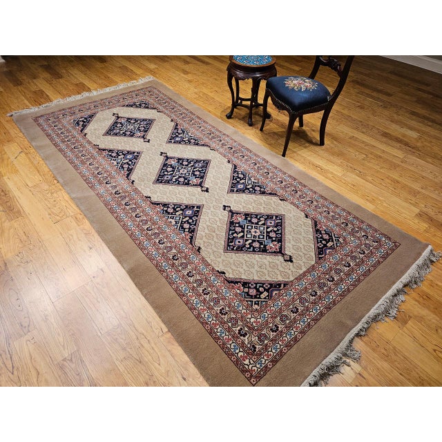 Persian Vintage Persian Malayer Gallery Rug, Hand-Knotted Wool, Geometric Pattern, 5x10, Camehair & Navy For Sale - Image 3 of 13