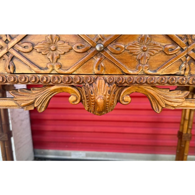 Pair Antique Carved Chinese Chippendale Faux Bamboo Fretwork Banded Inlay Single Drawer Hall Foyer Console Tables For Sale - Image 11 of 12