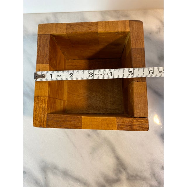 Brown 20th C. Mid-Century Modern Handcrafted Checkerboard Inlay Mixed Wood Cube Pen Holder or Planter For Sale - Image 8 of 8