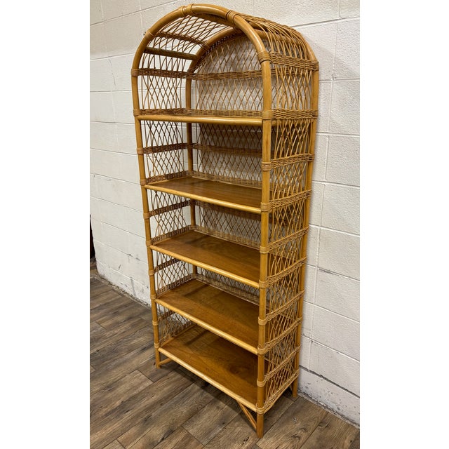 Mid 20th Century Vintage Arched Rattan Etagere Bookshelf Bookcase For Sale - Image 5 of 9
