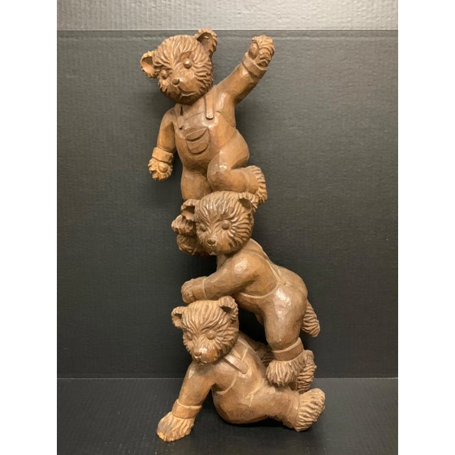 Vintage Carved Solid Wood Three Acrobatic Teddy Bear Sculpture For Sale - Image 4 of 11