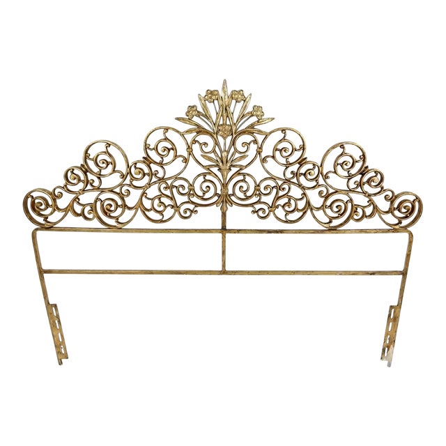1960s Mid-Century French Floral Tole Headboard | Newly Painted and Hand Gilt | Full For Sale