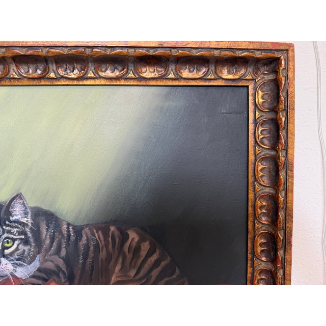 2010s Signed Oil Painting of Three Cats, Cat Lover Wall Art, Framed Feline Portrait For Sale - Image 5 of 11