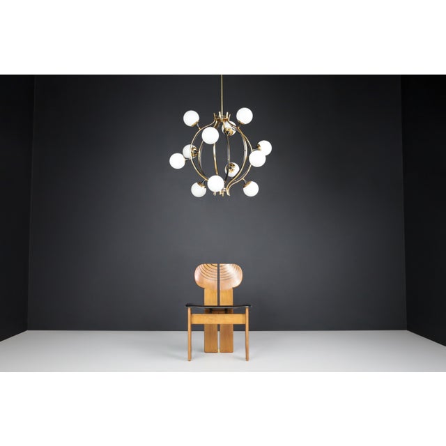 Metal Mid-Century Chandelier in Brass and 12 Opaline Globes from Stilnovo, Italy 1950s For Sale - Image 7 of 17