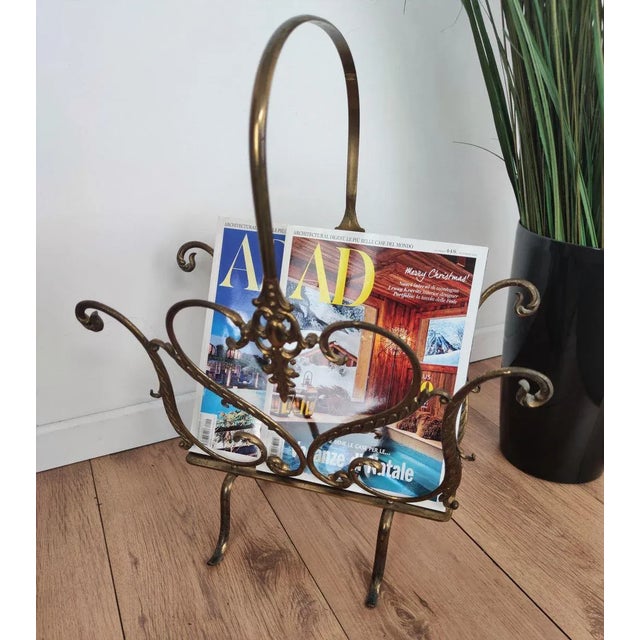 Hollywood Regency Mid-Century Italian Neoclassical Regency Style Brass Magazine Stand or Rack, 1950s For Sale - Image 3 of 8