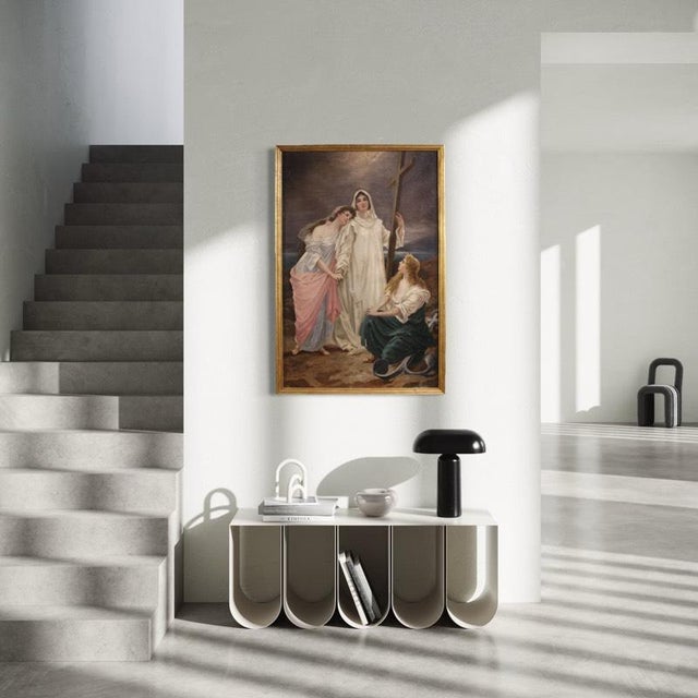 An elegant 19th-century neoclassical painting. Oil on canvas artwork depicting the three theological virtues: faith, hope,...