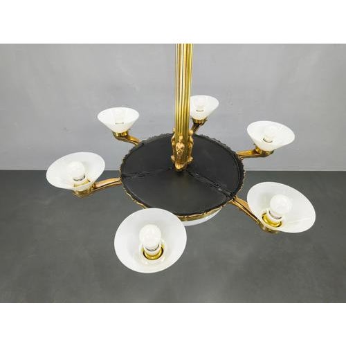 Gold Art Deco Brass Chandelier with Glass Shades, Czechoslovakia, 1930s For Sale - Image 8 of 17