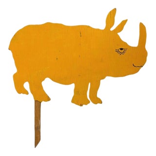 Vintage Hand-Painted Wooden Rhinoceros Lawn Sign / Folk Art Yard Stake For Sale