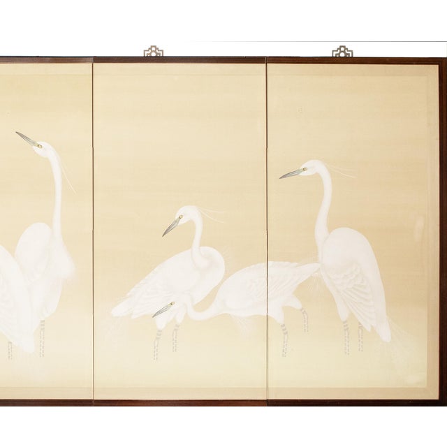 Japanese C. 1970s Japanese Style Monochrome Silk Screen "Egrets and Moon" For Sale - Image 3 of 17