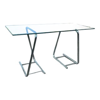 1970's Chrome Paperclip Tubular Tresles With Glass Top Table For Sale