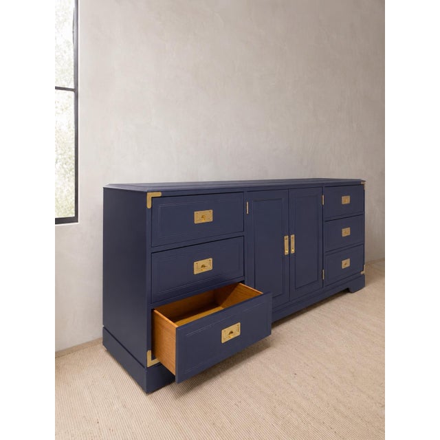 Young Manufacturing 1970s Professionally Refinished Young Solid Oak Campaign Dresser Credenza, Navy Blue, Brass Hardware For Sale - Image 4 of 11