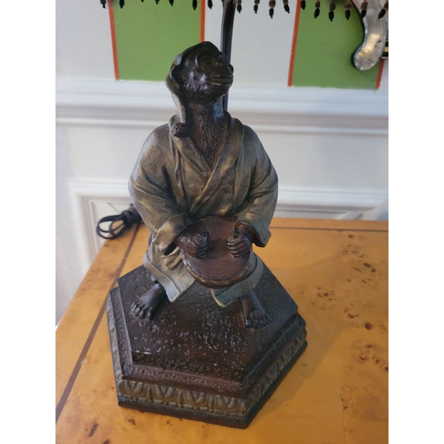 Vintage Regency Monkey Playing a Drum With Gold Robe, Hat Table Lamp Striped Black Gold Shade For Sale - Image 11 of 11