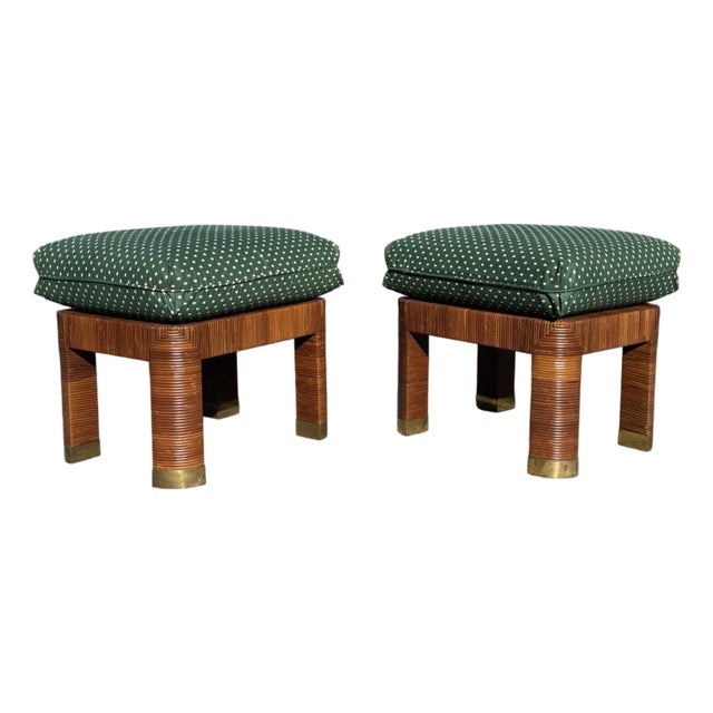 Bielecky Brothers Vintage Upholstered and Cane Ottomans For Sale