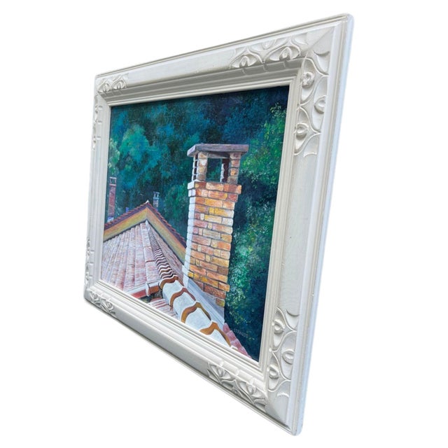 Traditional 1980s Contemporary Framed Rooftop Landscape Acrylic Painting, Signed Strauss For Sale - Image 3 of 13