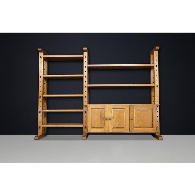 Large Brutalist Modular Shelving Unit in Oak with Metal Pegs and Cabinet, Belgium, 1960 For Sale - Image 6 of 17