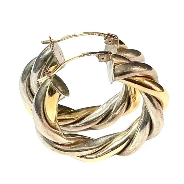 Mid-Century Modern Vintage 14k Gold and Sterling Silver Twisted Rope Hoop Earrings For Sale - Image 3 of 7