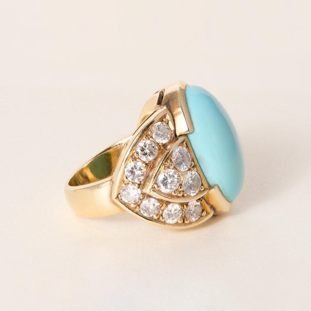 Vintage Italian 18k Gold 10 Carat Turquoise Oval and 2.32 Carats Diamond Ring, Size 6 For Sale - Image 4 of 6