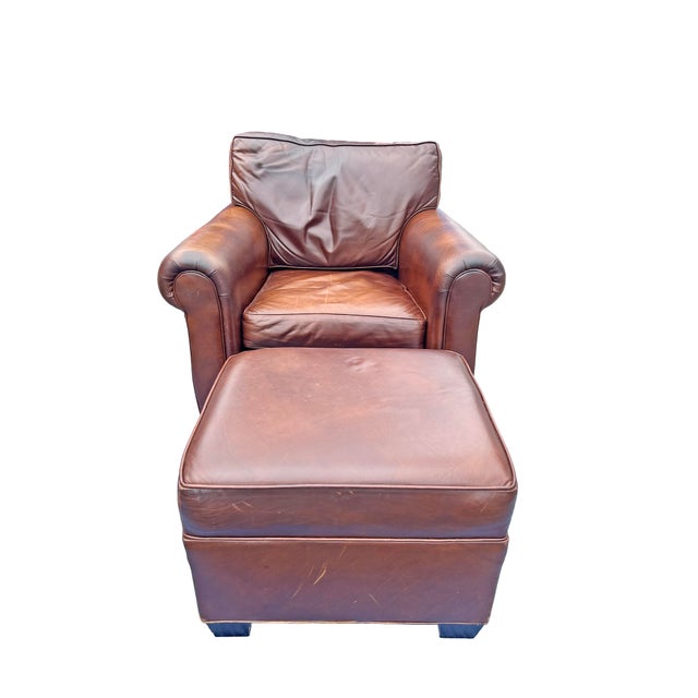 Vintage Restoration Hardware Style Leather Chair and Ottoman Set Great quality. Chair and ottoman in traditional red Said...