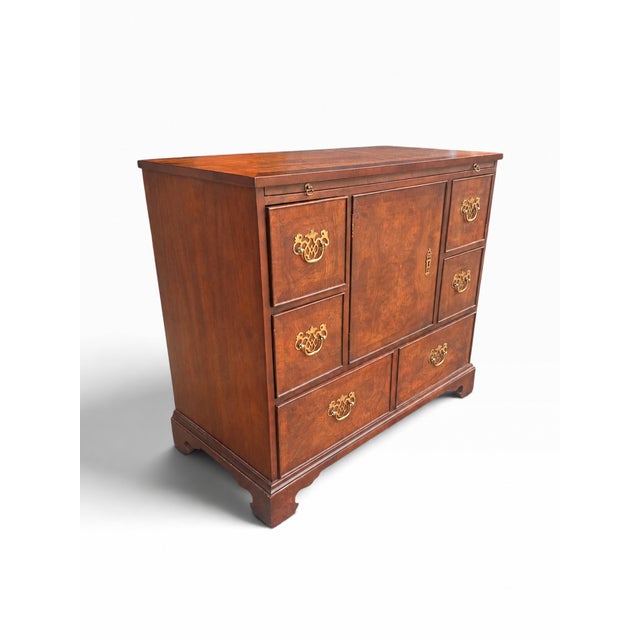 English Vintage Kindel Grand Rapids Burl Wood Gentleman’s Chest With Brass Hardware For Sale - Image 3 of 14