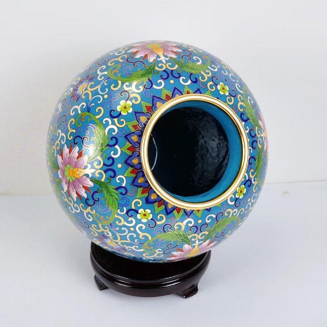 Chinese Vintage Chinese Cloisonné Vase | Gilt Lotus & Scrolling Vine Motif With Stand & Box For Sale - Image 3 of 9