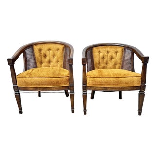 Vintage Velvet, Wood and Cane Barrel Chairs-a Pair For Sale