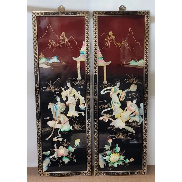 Vintage Pair Oriental Wall Art Hanging Asian Decor Wood Frame Black Lacquer Handcrafted Raised For Sale - Image 6 of 9