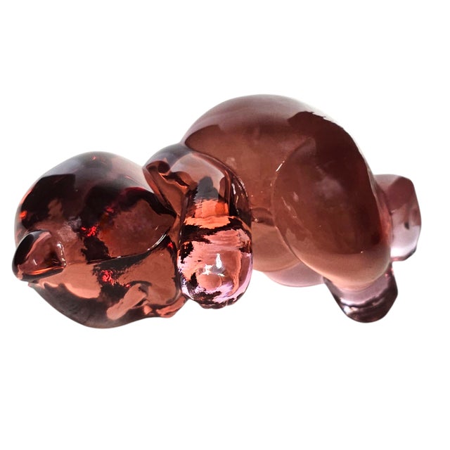 Indulge in the delicate beauty of this vintage Fenton reclining bear figurine in transparent petal pink glass. Handcrafted...