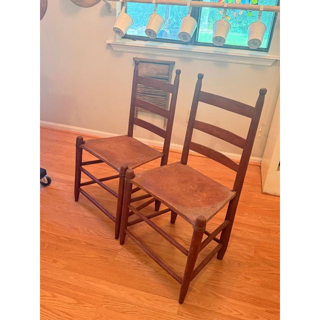 Early 20th Century American Ladder-Back Wood and Hide Chairs. For Sale - Image 10 of 12