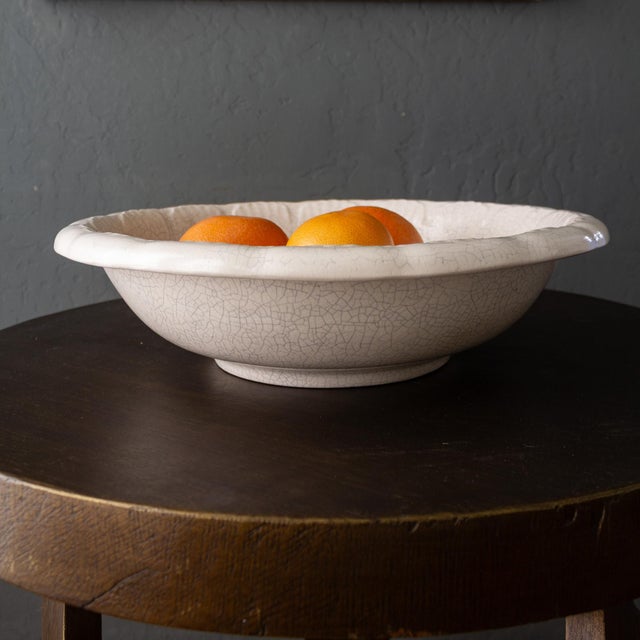 White Oversized Studio Pottery Bowl With Scalloped Rim and Crackle Glaze For Sale - Image 12 of 14