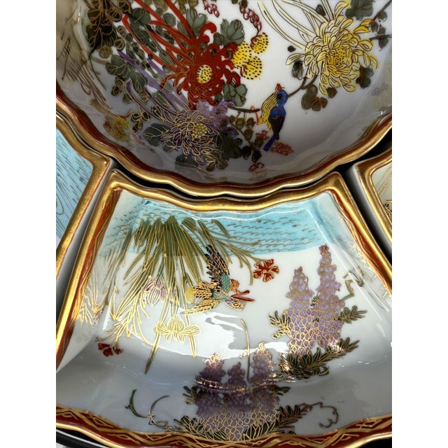 Vintage Japanese Porcelain 7-Pc Lazy Susan Sweet Meat Set Birds Flowers Gold For Sale - Image 11 of 13