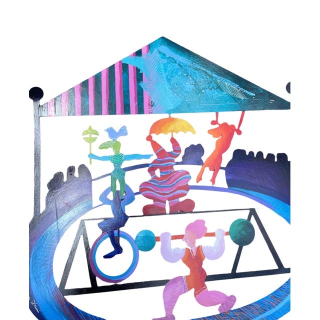 Contemporary Calman Shemi, Large Israeli Colorful Metal Wall Sculpture Painting Circus Scene Calman Shemi, 1998 For Sale - Image 3 of 10