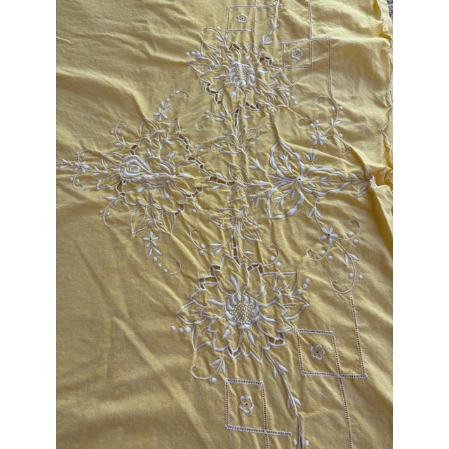 Vintage, Cheerful, Yellow Embroidered Cotton Large Tablecloth or Coverlet For Sale - Image 4 of 10