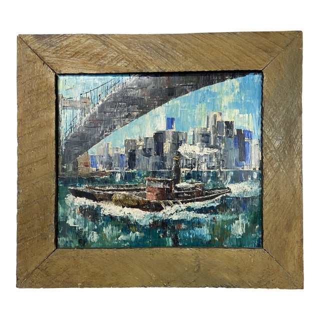Original Impressionist Boat and Bridge Painting For Sale
