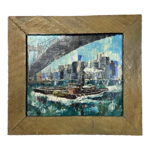 Original Impressionist Boat and Bridge Painting