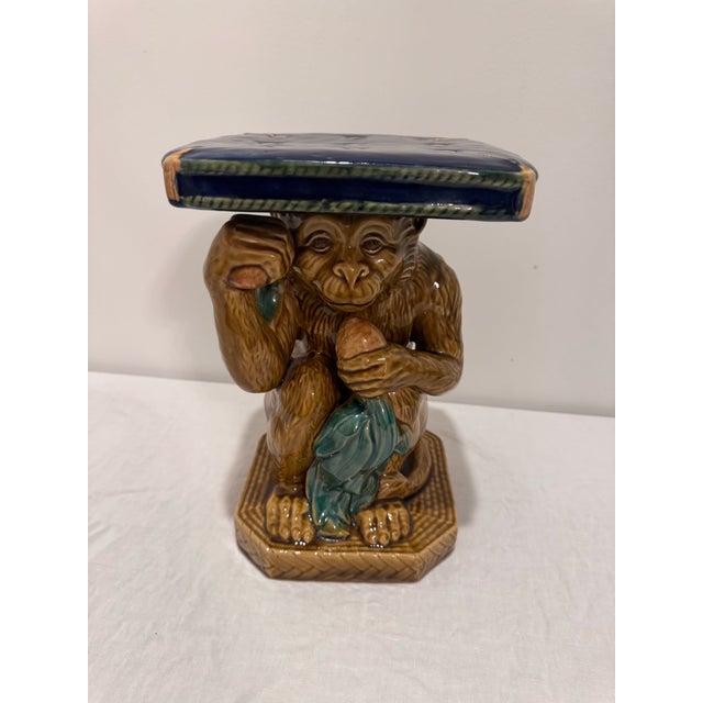 Rustic European Vintage Majolica Monkey Figural Pedestal Stand For Sale - Image 3 of 10