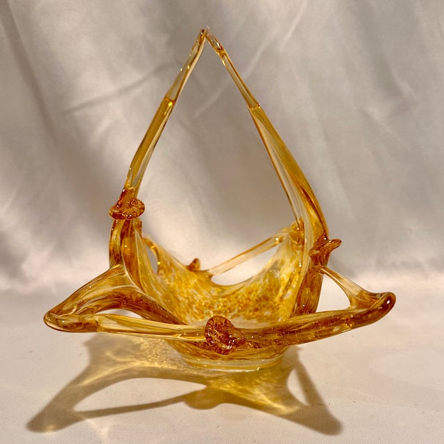 Murano Vintage Murano Amber With Gold Fleck Decorative Art Glass Basket Bowl For Sale - Image 4 of 7