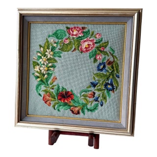 Vintage 1982 Framed Petit Point Needlepoint Art Multicolor Flowers & Leaves Wreath For Sale