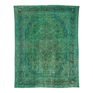 Vintage Persian Overdyed Tabriz Handmade Green Medallion Wool Rug For Sale
