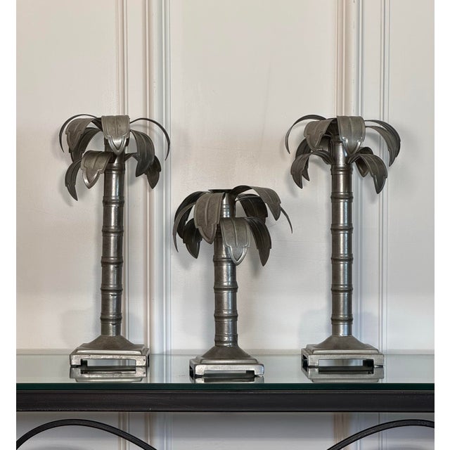 Hollywood Regency Coastal Regency Style Palm Tree Galvanized Aluminum Candlesticks, Set of 3 For Sale - Image 3 of 7