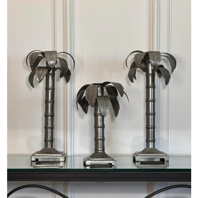 Hollywood Regency Vintage Coastal Regency Style Palm Tree Galvanized Aluminum Candlesticks, Set of 3 For Sale - Image 3 of 7
