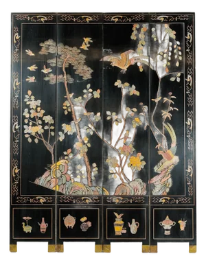 Four-Panel Black Lacquer Screen with Birds, Blossoms, and Brass Feet