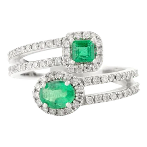 Two Stone Emerald & Chunky Diamonds Bypass Ring Size 6