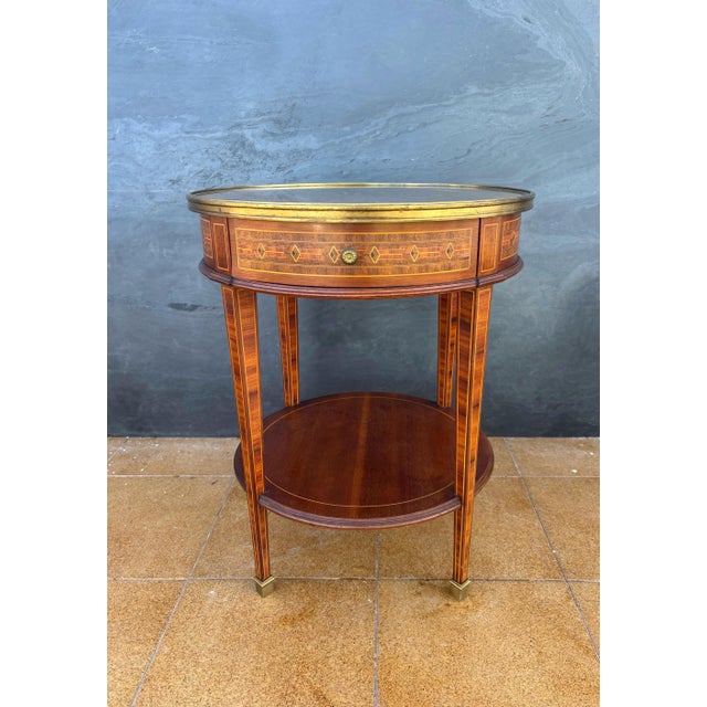 Wood French Louis XVI Style Round Side Table with Marquetry and Drawer, 1930s For Sale - Image 7 of 13