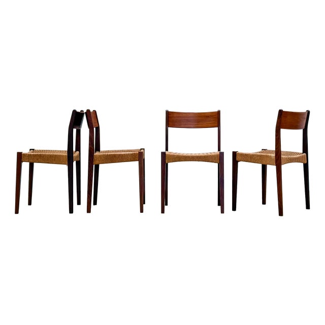 Danish Chairs in Teak and Paper Cord attributed to Poul Volther, 1960s, Set of 4 For Sale
