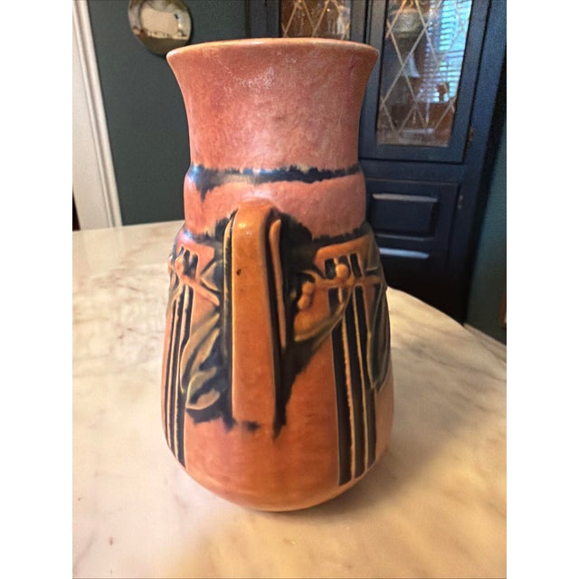 1930s Roseville Laurel Art Pottery Persimmon Color Vase #667- 6 Ca. 1934 For Sale - Image 5 of 7